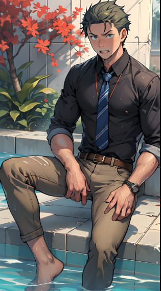 ?1 Adult male??A high resolution? Sharp focus? Pixiv masterpiece? ??Complicated details??? highly  detailed? natsuki_subaru? 1 man?perfect male figure?Urine on the trouser leg? Nervously bow your head?is shy?embarressed?exhilarated?is shocked?panicking?worry?A pool of urine formed around him?Very eager to pee?Unbearable?Wet yourself?Urine discharge?full bodyesbian?sit astride?Tired?decadent? blue color eyes?eyes glowing?? Short yellow hair?Black shirt?Wear a tie?Wear a belt?trousers?perspire?Drenched?Get wet?pissing?urine flows down the pants?look from down