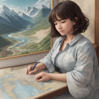 In a quiet room, a woman sits at a wooden table on which a wide map unfolds. She gazes intently at the rich geographical features and lines on the map, holding a slender brush in her hand.

The woman's eyes are bright and focused, and she carefully observes the mountains, rivers and lakes on the map, as if in dialogue with the earth. She gently dipped her dark blue ink and tapped her brush on a mountain peak on the map.

As the brush moves across the map, the woman takes on a dancing gesture, using which she outlines the peaks and depicts the texture of the mountains and the curves of the valleys. Each stroke is filled with her passion and love, as if she is uniting her heart with the earth.

With the gentle wave of her wrist, the brush leaves bright ink marks on the map, as if the scenery on the map is lit up. She gradually sketched mountains and rivers according to the geographical shapes she remembered, combined with her imagination.

Over time, the whole map began to come alive. She uses inks of varying shades to outline the undulations of mountains, and delicate and gentle lines to depict the curves of rivers. Every stroke is filled with her love and awe for nature.

The woman's brow furrowed slightly, and she stopped the brush in her hand and carefully examined her work. She felt that it was not perfect enough, so she immersed herself in the creative process again. She uses a brush to delicately outline the texture of the mountains, inject more detail into the river, and make the scenery on the map more realistic and full.

Finally, when her red-lipped and white-toothed mountain touched the edge of the map, she put down her brush in satisfaction. Under her creation, the calm map becomes alive, as if ushering in a new life. She gazes at this work of art that she paints with her brush, feeling the joy and sense of accomplishment of creation.

This woman brings her love and passion into this map, and her artwork will show the world the magnificent scenery of natu