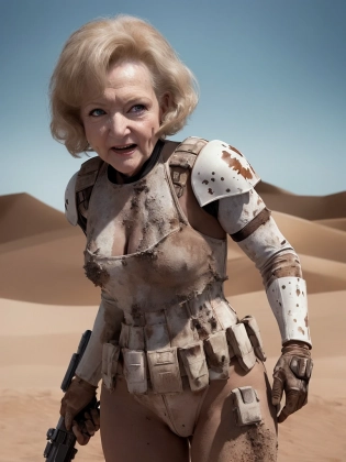 (Betty White dressed as a stormtrooper), action scene, standing in a desert landscape, immersive background, volumetric sand, global illumination, intense lighting, (weathered armor), (battle-scarred), dramatic lighting, (gritty:1. 5), (hyper-realistic:1. 4), (4k, digital art, masterpiece), High detail digital painting, realistic, (top quality), (dynamic shadows), (best concept art), ultra high resolution, highly detailed digital artwork, physically-based rendering, realistic yet stylized, muted colors, f2. 0 lens, gritty palette, unexpected twist.