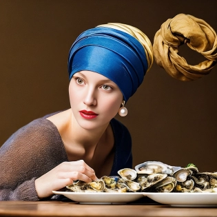 photography of sei-gwpe at a table with oysters, 4k, cinematic lighting, hyper-realistic, 50mm lens, pearl earring, blue and gold headscarf