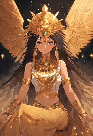 Isis: Main goddess of the Egyptian pantheon dressed in gold and golden makeup with wings spread, in the style of the Egyptian gods,  depicted with a throne-shaped head adornment, a reference to Osiris. coberto de joias de luxo, joias, luxo, EGYPTIAN SYMBOLS, joias de pintores e escultores, detalhes altos, Realistic, Detalhamento ultra intrincado, 8k, Cinematic lighting, cinemactic. Image with resolution of at least 300dpi