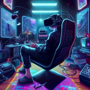 gamer sitting on virtual reality chair device plugged into a whole of gaming consoles and machines, futuristic, vibrant --v 4