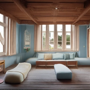 High resolution photography interior design, dreamy sunken living room conversation pit, wooden floor, small windows opening onto the garden, bauhaus furniture and decoration, high ceiling, beige blue salmon pastel palette, interior design magazine, cozy atmosphere; 8k, intricate detail, photorealistic, realistic light, wide angle, kinkfolk photography, A+D architecture