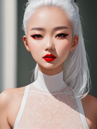 Beautiful Korean woman, kpop idol, white hair, ponytail, symmetrical eyes, tight all-white sleeveless body suit, red lips, small breasts, olive skin tone, eyelashes, aegyo sal, (beautiful detailed eyes), (beautifully detailed face), (high detailed skin, skin details), Nikon, d850 film, photograph, kodak portra 400, camera f1. 6 lens, rich colors, dramatic lighting, cinestill 800, 8k, RAW photo, masterpiece, High detail RAW color photo, professional photo, (photorealism:1. 5), (photorealistic:1. 4), (highest quality), (best shadow), ultra high resolution, highly detailed CG unified 8K wallpapers, physics-based rendering, photo, high contrast, 8k HD high definition detailed realistic