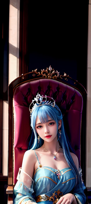 realisticity: 1.2), best quality, masterpiece, highres, super detail, ultra detail, cg, 1girl, queen, weapon, sword, long hair, dress, water, solo, jewelry, yellow dress, wearing a very beautiful dress, wearing a very beautiful crown, earrings, hair ornament, splashing, upper body super realistis, hair bun, blue and pink hair, sitting on a magnificent and beautiful royal throne backgraun super realistis and super detai, ultra detail, lighting,candid, Photograph, high resolution, 8k, 10k, Bokeh,
