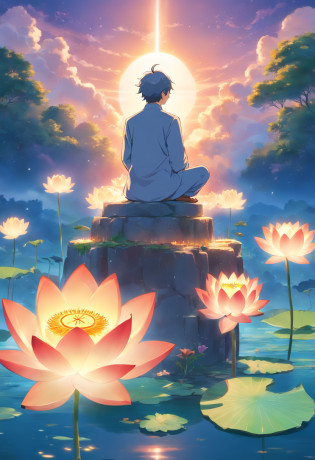 President Modi sitting on a lotus with two hands in the air, 3 spring deities, indian god, hindu gods, narasimha, hindu god, god of wealth, attractive male deity, hinduism, hindu aesthetic, hindu stages of meditation, sitting on a lotus flower, wise old indian guru, pu?karac??a