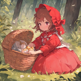 uma pintura de uma menina em um vestido rosa segurando uma  cesta, de picnic vestido com um belo manto vermelho, fairy-tale illustration style, em estilo de arte vbowater, Little Red Riding Hood thief, pintura de personagem bonito, Chapeuzinho Vermelho, capuz e capa , uma capa vermelha, Assistente bonito, estilo bonito dos desenhos animados, Chapeuzinho Vermelho, Fairycore, vestido de capa