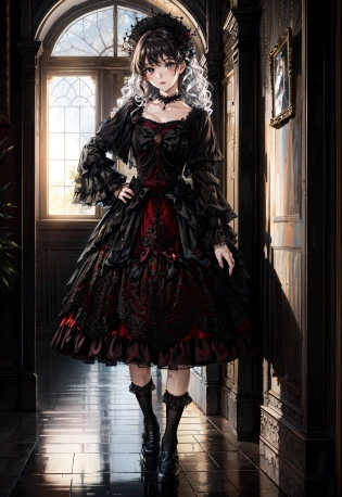 (masterpiece, best quality, high resolution, high detail, distinct image:1. 2), 1girl, solo, solo focus, (lolita:1. 2), long black hair, standing, in castle garden, looking at viewer, hand on hip, lolita_dress, white socks, <lora:lolitaFashionDress_gothic_style2:0. 6>, <lora:add_detail:1>, 16k, UHD, HDR, (Masterpiece:1. 5), (best quality:1. 5)