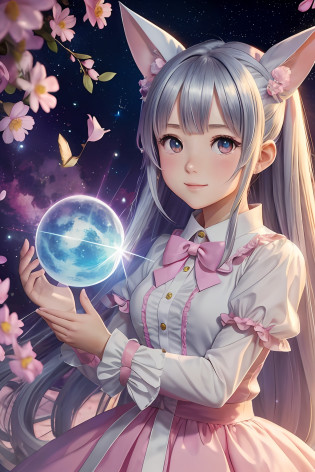 masterpiece, best quality, high resolution, professional lighting, ((Cute anime)) Pretty Girl, (Usagi), 18 years old, Egg User, Absolute Realm, Cute Delusional Pose, Pink Ruffled Dress, Silver Eyes, Polka Dot Ribbon, Rabbit Ear Accessories, Starry Background, EmbleM: Heart, Hair Swaying in the Wind, Ring of Law, (Petals: 1.3), (Shine Effect: 1.2)