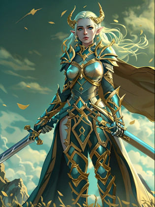 high details, best quality, 8k, [ultra detailed], masterpiece, best quality, (extremely detailed), full body, ultra wide shot, photorealistic, fantasy_world, fantasy art, dnd art, rpg art, realistic art, a wide angle, (((anatomically correct))) a wallpaler of an elf knight, elf warrior, princess knight, shinning knight, ready for battle with her mount (intense details, Masterpiece, best quality: 1.5), female elf (intense details, Masterpiece, best quality: 1.5), ultra detailed face, ultra feminine, fair skin, exquisite beauty, gold hair, long hair, wavy hair, small pointed ears, dynamic eyes color, wearing heavy elven armor, shinning metal, armed with elven sword fantasysword sword, standing near her mount, dynamic mount , green meadows, blue skies background and some clouds background depth of field (intricate details, Masterpiece, best quality: 1.5), full body (intricate details, Masterpiece, best quality: 1.5), high details, best quality, highres, ultra wide angle