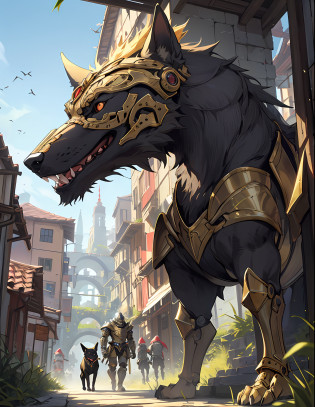 ((foto crua)), ((Trabalhe antes)), humanoid Anthropomorphic Dog AngelDog wearing gold armor, detalhe intrincado, Futobot, intricate Greebles pieces, Golden heavenly city behind, asas grandes