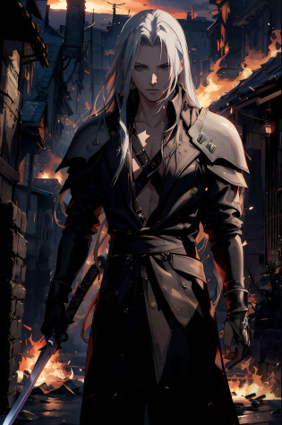 a close up of a person holding a sword in a city, sephiroth, a photo of sephiroth, thancred waters in style of wlop, sephiroth from final fantasy, thancred waters, johan liebert mixed with alucard, from final fantasy, badass anime 8 k, final fantasy character, by Yang J, from ff7