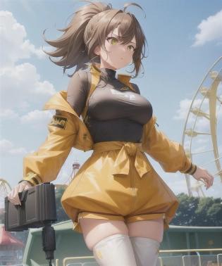 1girl, low ponytail, no wind, messy hair, waist-length hair, best brown girl hair, outdoors, yellow jacket, white shorts, thigh high boots, amusement park, roller coasters, theme park rides, casualty, depth of field, best quality, aesthetic, detailed, best quality, anime screencap, aesthetic, volumetric lighting, created by Artgerm, photography, masterpiece, clean face, realistic, beautiful, view from below