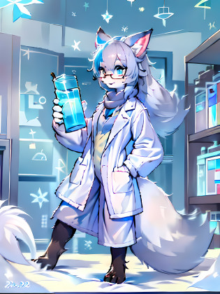 Anime character with arctic fox ears wearing lab coat and blue scarf,arctic fox?Fluffy blue fur and blue tail,Wear half-rimmed glasses,Arctic fox beauty in lab coat,  Fox scientist?inside the lab, professional furry drawing