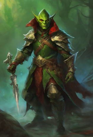 a 3-foot-tall green goblin, with piercing red eyes and a sinister smile. He is dressed in a complete set of leather armor, complemented by a tattered cloak with the hood pulled up. The armor has intricate details, showcasing a worn and battle-worn appearance. The goblin emanates an aura of fearlessness and readiness for combat.