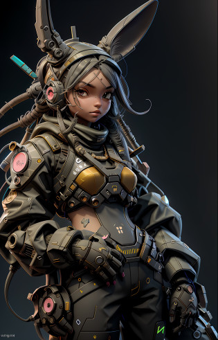 nijilorabunny best quality, a nijigirl with bunny - ears, wearing scifi techwear armor, long wavy hair, warm grin, a huge diamond necklace, big beautiful cobalt ODD eyes, on the streets of a cyberlunk desert city, very detailed, concept art Cu73Cre4ture programmer Negative prompt: easynegative , Model: revAnimated_v122, Model hash: 4199bcdd14, Hires upscale: 2, Hires upscaler: ESRGAN_4x, Denoising strength: 0.4 concept art, insense detail