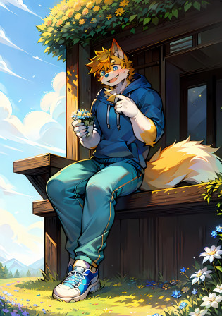 Hairy, clear-eyed, bright-eyed, cheerful, laughing, big boy, confident, serious, calm, close, curious, kind, upright, wolf, blue pupils, male, male, teen, mature, strong, strong, muscular, easy-going, alone, single, humanoid, light yellow hair, golden-orange hair texture, beautiful fluffy tail, modern clothing, blue sweatshirt, white lining, beige loose pants, blue and white sneakers, sitting, sitting cross-legged, holding a few bouquets of wildflowers, body straight, looking at the camera, Look to the center of the picture, turn your head, hold your knees, relax, nature, sunshine, sunny day, sit on the ground, sit on the ground, sit on the ground, particles, light effects, green grass, hillside, breeze, sky, sun, white clouds, next to the road, 8k.
