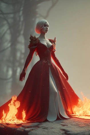 mdjrny style v4 red ball gown, ingniting at the bottom, set on fire, perfectly redish, full body, large wide, portrait, Highly detailed, Concept art, Artstation, Fantasy, Octane render, Cinematic lighting, Otherworldy, 8K