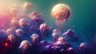 dozens of jellyfish floating in space, colorful nebula, galaxy, nautilus, orchid, betta fish, bioluminiscent creatures, intricate artwork by Tooth Wu and wlop and beeple. octane render, trending on artstation, greg rutkowski very coherent symmetrical artwork. cinematic, hyper realism, high detail, octane render, 8k --ar 16:9 --uplight --iw 4. 5 --stylize 3000