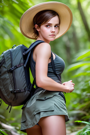 Emma watson, Our adventurous lady embarks on a hiking trail. She wears a very short, slightly see-through tank top over her round breasts, paired with a short black miniskirt and sturdy hiking boots. Her perfect butt is clearly visible under the miniskirt. A wide-brimmed hat protects her from the sun's rays, and a backpack is strapped around her shoulders that contains the most important supplies for the trip. With a determined and agitated expression on her face, she navigates through a lush forest surrounded by towering trees and the sounds of nature. Her eyes sparkle with anticipation as she embarks on a day of exploration and adventure. (Masterpiece:1.2) (photorealistic:1.2) (Bokeh) (best quality) (intricate details) (8K) (High Poly) (Raytracing) (Cinema Lighting) (Sharp Focus) (Detailed Face) (Detailed Pupils)