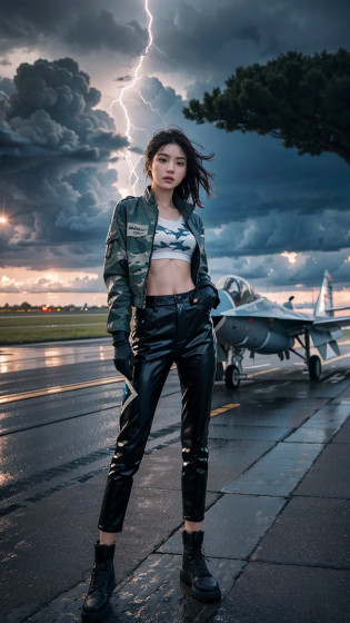 ((smallunderboob,Tomboyish,small heads)), (Well-defined abs: 1.1), (perfect bodies: 1.1), (short-length straighthair: 1.2), Black hair, upper body photos,??????CG 8k?????Extremely refined and beautiful???tmasterpiece???best qualtiy?1.0?????????1.0??beautiful light up?Perfect lightning?realistic shaded?[A high resolution]?Smooth and flawless fair skin?ultra�-�detailed ?Elongated legs?flatchest?Slim?emaciated?Female repairman?At military airfields?On the tarmac of a fighter?open air?summertime?in the afternoon?Severe cloudy days?Rainy days?dark stormy clouds?Lightning?No sunlight?Dimly lit?with intense rain?The raindrops in the air are very large?Next to the huge Su-27 fighter?Under the wing of the fighter?Next to the landing gear of the fighter?are standing?Wear dirty dark blue gloves on both hands?Blue camouflage jacket?Blue camouflage pants?Dark blue cloth shoes?Wet hair?The clothes and pants were soaked?The body is filled with water droplets