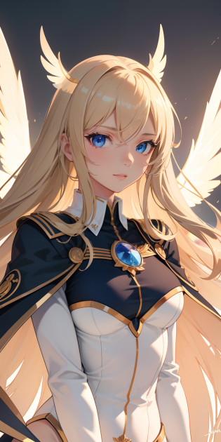 [(((master piece))),(((best quality))),(((extremely detailed))),1 superheroine, medium breasts, (long blonde hair) (sky blue eyes), (uniform of cupid) (cape in the shape of wings) Closeup of the face, volumetric lighting, Detailed eyes, hyper detailed, determined smile, highly detailed, beautiful, small details, ultra detailed, best quality, intricate, 4k, , good anatomy, pleasant lighting , Determined eyes, Released, Detailed eyes