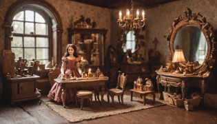 one room,beautiful depiction of a fairy tale,victorian dollhouse photo,photorealistic disney,toy photography,multiple dolls in one photo,storybook wide shot::hd,dollhouse,arnold rendering, inside an old magic shop, toy business photo, storybook realism, alice in wonderland 3 d