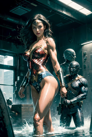 (Masterpiece, Top Quality),1girl ,{{Depth of field}}, Hyper detail, 1woman, (Victoria's Secret Model Wonder Woman), Single, Full Body, (Intricate Details, Makeup), (Delicate and beautiful delicate face, delicate and beautiful delicate eyes, face with perfect proportions), High-detail skin, delicate skin, Best proportions Four fingers and one thumb, strong and realistic blue eyes, realistic black hair, lips, makeup, natural skin texture, tiara, leotard, bulletproof cuffs, red boots,  (public clothing:1.3), slightly sunburned, mature, sexy, elastic muscles, (muscles:1.3), ((strong and healthy body)), (((more) muscles))), wet body, wet hair, wet face, long legs, curved, thick thighs, wide buttocks, thin legs, (big breasts: 1.2), thin waist, soft waist, (delicate skin), (wet body: 1.0), (beautiful and sexy woman), (swollen lips: 0.9), (eyelashes: 1.2), very delicate muscle definition, bare handed, hold nothing on hand, LED panel lights arranged in a square shape to mimic existing interior fixtures, a flooded basement controlled by a local gang armed with hacked police weapons such as machine guns and taser shotguns, ((top quality)), ((masterpiece)), ((realistic)), (detailed), cinematic lighting, complex, high detail, sharp focus,