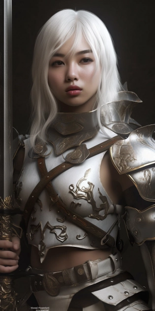 poster of asian girl warrior, detailed gorgeous face, beautiful young asian girl, full body, olive skin, medium length white hair, revealing armor, intricate, elegant, Hyperrealism , cinematic lighting, highly detailed, illustration, digital art, digital painting, masterpiece, breathtaking, raytracing --ar 1:2 --v 5 -