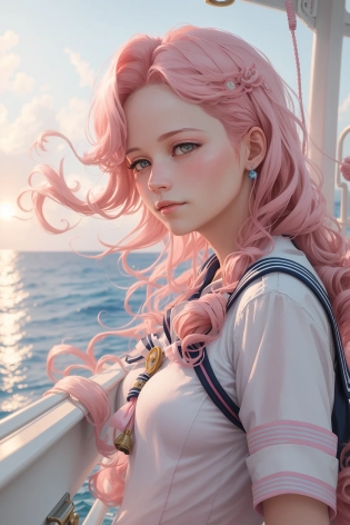 A photo of a female sailor aboard a ship enjoying the seabreeze, medium wavy pink hair, sunny, Terese Nielsen, volumetric atmosphere, best quality, sharp focus, beautiful face, pretty hands, highres, vibrant, intricate, insanely detailed, breathtaking, precise lineart, comprehensive cinematic, max detail, 4k uhd, digital art, adward winning, trending on artstation