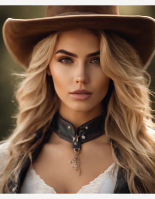 4K HLTRA HD |, Mastermiece, best quality, a girl, cara boa, Olhos detalhados, Detailed lips, cabelos longos, pelos estreitos, vestindo roupa de cowboy, Bare stomach,  leather jacket, cowboy hat, Fundo desfocado, morning, captura de corpo inteiro, messy blonde hair
