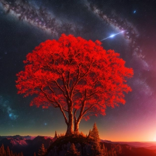 an (enchanted forest with massive galaxies and stars on the treetops and in the valley:1. 2), (meteorite falling from sky:1. 1) with a fiery red glow above an ocean in the background, 8k, cinematic lighting, night, HDR, vibrant, detailed eyes, detailed feathers, <lora:epiNoiseoffset_v2:1>, A birds eye view a mountain overlooking a vast and (enchanted forest with galaxies and stars on the treetops and in the valley:1. 2), (meteorite falling from sky:1. 1) with a fiery red glow above an ocean in the background, 8k, cinematic lighting, night, dof, vibrant, detailed eyes, detailed feathers, <lora:epiNoiseoffset_v2:1>