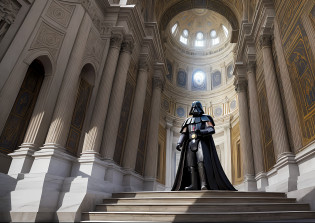 encounter between Darth Vader and Pope Francis in the Vatican. The scene is set in the grandeur of the Vatican City, with the iconic St. Peter's Basilica and its majestic architecture in the background. Darth Vader, dressed in his formidable black armor, stands tall and imposing, while Pope Francis, wearing his traditional white papal robes, maintains a calm and serene demeanor. The image should capture the contrast between the world of Star Wars and the solemnity of the Vatican, blending elements of both realism and the iconic Star Wars universe. It should convey a sense of curiosity, intrigue, and the potential for unexpected connections across different realms. --auto --s2