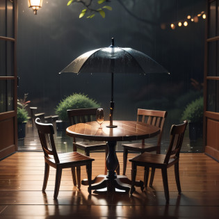there is a small wooden house with a table and chairs in the rain, rainy day outside, magical environment, quiet and serene atmosphere, in a rainy environment, rainy outside, rainy afternoon, inside on a rainy day, rainy scene, by Raymond Han, rainy atmosphere, rainy environment, rainy mood, rainy and gloomy atmosphere, rainy evening, atmospheric fantasy setting