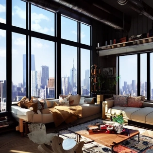 high resolution photography interior design, interior design magazine, cosy atmosphere, open plan, mission style home, 4 bedroom design with kitchen and living room, modular furniture with cotton textiles, wooden floor, high ceiling, large steel windows with new york city skyline in the background
