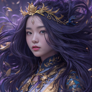 Genki Girl 32K?tmasterpiece?k hd?hyper HD?32K?Long flowing bright purple hair?Autumn Pond?zydink? a color?  Asian people ?Genki girl?? ?Silk scarf?? Combat posture? looking at the ground? long whitr hair? Floating bright purple? Fire cloud pattern gold tiara? Chinese long-sleeved gold silk garment? ?Abstract metaverse splash?1.2?? white backgrounid?Lotus Vitality Protector?realisticlying?1.4??Bright purple hair?Smoke on the road?The background is pure? A high resolution? the detail? RAW photogr? Sharp Re? Nikon D850 Film Stock Photo by Jefferies Lee 4 Kodak Portra 400 Camera F1.6 shots, Rich colors, ultra-realistic vivid textures, Dramatic lighting, Unreal Engine Art Station Trend, cinestir 800?A girl with flowing bright purple long hair