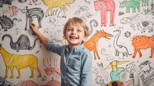 happy kid smiling while drawing colorful animals on the wall with crayon --ar 16:9 --v 5 --q 2