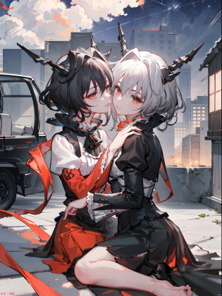Under the stars?Two girls kiss sweetly?Animation fusion?Kissing together in the stars?Lips meet?Black double ponytail girl and red Lolita girl?Detailed animation style?Realistic photos are realistic?A masterpiece of the best quality?Delicate and beautiful?Extremely detailed 8K CG wallpaper?
