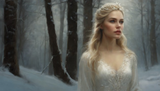 pintura do retrato de 1girl, Galadriel, Onze, blonde hair, olhos azuis, vestido branco, pele detalhada, fantasia, snowy nordic forest, estilo modelshoot, (CG extremamente detalhado), foto de belas obras de arte, (Antonio Moro), (Jeremy Mann), High detail, foco n�tido, Dramatic, oil painting, Realistic