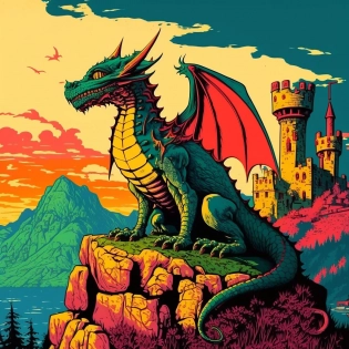 A dragon sitting on top of a hill, tall castle in the background, bright colors, pop art, vintage comic book style, 1960s.