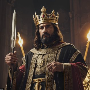 Movie Poster. an imposing middle-aged king, looking noble and wise, wearing a crown studded with brilliant gems.  His gaze reflects deep understanding and empathy, as he holds a sword in one hand and a scepter in the other, symbolizing his role as leader and protector of his kingdom.
 The king is surrounded by an aura of warm light that radiates from his figure, symbolizing the redemption and wisdom he has gained on his journey.  Behind him stretches a diverse landscape that represents his restored kingdom: majestic mountains, lush forests, and serene flowing rivers as symbols of peace and prosperity.
 In one corner of the image are the shadows of the men and women who fell in battle, whose ethereal figures are constant reminders of the king's responsibility to his people.  These figures combine with the mirages of power that haunted him in his search for redemption, manifesting as dark and blurry reflections that contrast with the light emanating from the king.
The image captures the climactic moment of the story, where the king has found his purpose and has shown that the power of the heart and compassion are the true tools of a leader.  The combination of visual elements evokes a sense of hope and renewal, conveying the message that even in the darkest of times, redemption and wisdom can change the fate of a kingdom and the soul of a king.