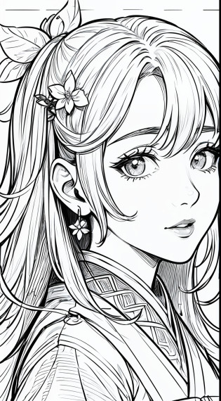obra-prima, acura, boneca, solo, hanfu, cabelo longo, perfil close-up, fundo de desenho de linha de flor, fundo branco, monocromatic, desenho de linha, ((sketchfab))obra-prima, melhor qualidade, Monochromatic Magical Adventures, in sky