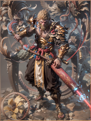 tmasterpiece? best qualtiy? ?realisticlying? photograph realistic?1.37?? 8K? an extremely  delicate and beautiful? astounding? finedetail? offcial art? absurderes? Incredibly Ridiculous res?offcial art?Epic composition? hugefilesize? ultra�-�detailed? extremely detaile? Wukong? Slender figure?large tall? He held a long red iron rod in his hand?wearing golden armor?The red cloak fluttered?Step onto the golden clouds?full bodyesbian?Look up?eyes looking at the lens?The character is centered?The background is clear?Increase saturation? --v6