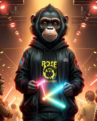 A chimpanzee enjoying a rave party ,8k ultra realista