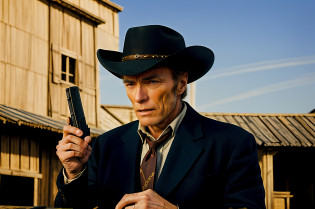 arafed man in a black hat holding a gun in front of a building, [ western film ], spaghetti western, django, western film, style of a clint eastwood movie, giraud!, squinting at high noon, giraud!!, an epic western, giraud, style jean giraud, clint eastwood, black cowboy, western gunslinger, sergio leone