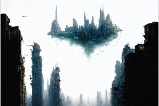 matte painting of dirty and falling apart city on ground| ((floating clean and bright city in the sky))| hyperrealism| highly detailed| cinematic lighting| by marc simonetti and William S. Burroughs and gustave moreau