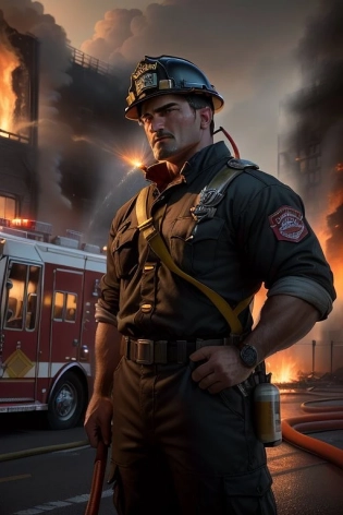 Masterpiece, best quality, (macho fireman:1. 1), (stands next to the fire engine extinguishes a fire:1. 1), (a burning building in the background:1. 2), (skin covered in soot:1. 2), incredible detail, highly detailed, composition, ultra-detailed, light leaks, trending on artstation, sharp focus, Absurdres, detailed backgraund