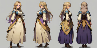 Masterpiece: 1.6, Best Quality: 1.4, 1.2, Intricate Details: 1.2, CharturnerV2: 1.2, Full Character Rotation 1Lady, Appearance: : slim: 1.3, blue eyes, big breasts, Clothing: purple maxi dress, aristocratic, Hair: ((((long blonde hair))), disheveled hair, loose hair, Makeup: natural, radiant skin, (simple background), several types, several types of the same character in one outfit: 1.3. front view, side view, rear view, character sheet, full body, princess, gorgeous dress, (character design sheet)