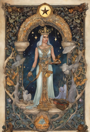 Desenhe uma pintura que interprete a Alta Sacerdotisa do Tarot, incorporating theme of 'Star vs. the Forces of Evil'. Na imagem, the character Star Butterfly is portrayed as the High Priestess, sitting on a magical and imposing throne in her castle in the Magical Dimension. She is dressed in elegant and mysterious costumes, reflecting your growing wisdom and power in the magical world.

The setting is richly detailed, with ornate pillars and an environment that evokes a magical sanctuary. No lugar dos dois pilares da Alta Sacerdotisa, are Star's magic wands, uma representando sua varinha original e a outra sua varinha Rainha Solaria. They are crossed and exude an aura of intense magic.

Ao lado de Star, are your friends, Marco, Janna, Tom and other notable characters from the series, all of them in reverent positions, representing respect and loyalty to your leadership. Instead of the veil of the High Priestess, there is a semi-open dimensional portal, showing a glimpse of different dimensions and magical realms.

Star's eyes are blindfolded, symbolizing your intuition and deep connection to the magical realm, while she holds an ancient book with mysterious inscriptions on one hand and a monarch butterfly, symbol of transformation and renewal, na outra.

A luz da lua brilha suavemente no fundo, illuminating a scroll with magical and mysterious symbols. Na base do trono, There are tarot cards scattered around, cada uma delas representando momentos cruciais da jornada de Star e os desafios que ela superou.