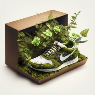 nike sneakers made from green leaves and moss, small white flowers growing from moss, white background, box, photo realistic, detailed --s 750 --q 2